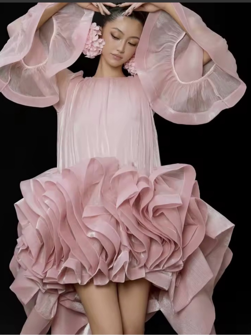 Elegant Pink Ruffle Organza Mini Dress Size Small